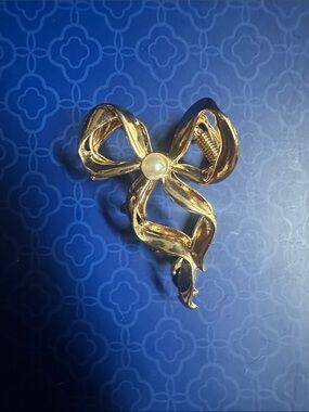 Gold Ribbon Bow Hair Brooch with Pearl Accent - Women Hair Brooch